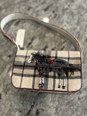 Anthropologie Plaid Beaded Horse Bag - Beige/Black